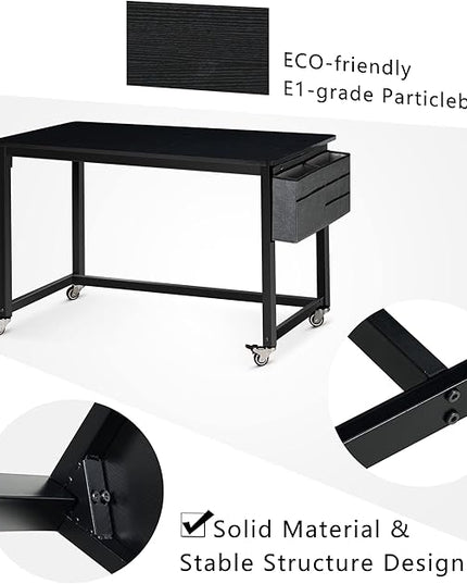 AHB 47" Rolling Computer Desk with 4 Smooth Wheels, Simple Style Mobile Writing Desk Home Office Study Table Movable Workstation with Metal Frame - LeafyLoom