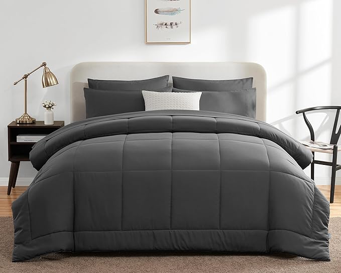 CozyLux Twin Size Comforter Sets - 7 Pieces Bed in a Bag Set Dark Grey, Bedding Sets Twin with All Season Quilted Comforter, Flat Sheet, Fitted Sheet, Pillowcases, Dark Grey - LeafyLoom
