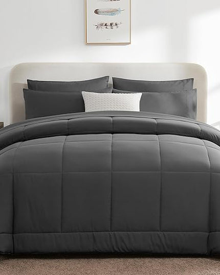 CozyLux California King Size Comforter Sets - 7 Pieces Bed in a Bag Set Dark Grey, Bedding Sets Cal King with All Season Quilted Comforter, Flat Sheet, Fitted Sheet, Pillowcases, Dark Grey - LeafyLoom