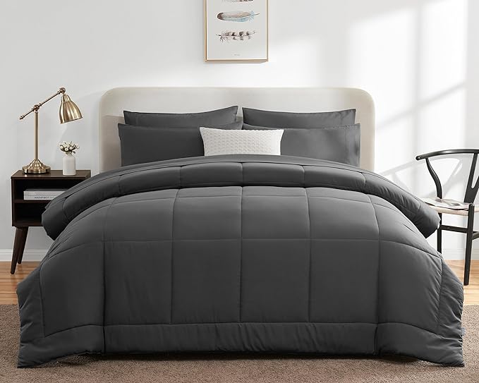 CozyLux California King Size Comforter Sets - 7 Pieces Bed in a Bag Set Dark Grey, Bedding Sets Cal King with All Season Quilted Comforter, Flat Sheet, Fitted Sheet, Pillowcases, Dark Grey - LeafyLoom