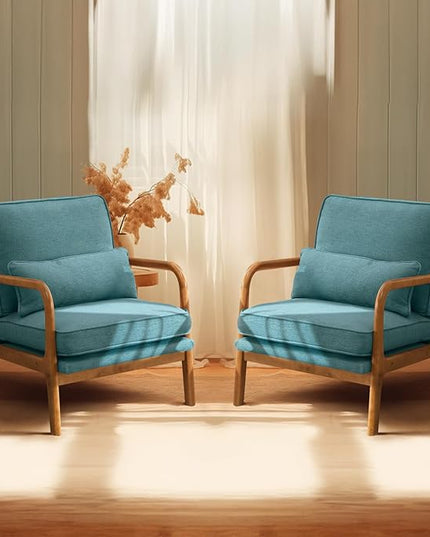 Bonnlo Teal Accent Chairs Set of 2, Upholstered Mid Century Modern Lounge Chairs Reading Chairs Side Sitting Chair Solid Wood Farmhouse Armchairs for Living Room, Bedroom, Guest Room - LeafyLoom