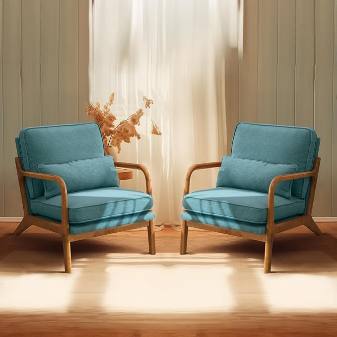 Bonnlo Teal Accent Chairs Set of 2, Upholstered Mid Century Modern Lounge Chairs Reading Chairs Side Sitting Chair Solid Wood Farmhouse Armchairs for Living Room, Bedroom, Guest Room - LeafyLoom
