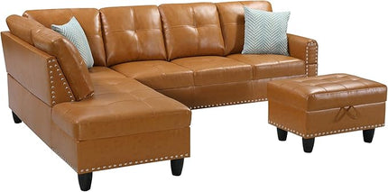 RITSU L Shape Sectional Sofa, Upholstered Corner Couch with Storage Ottoman, Reversible Backrest w/Cup Holder, 4 Seater, Faux Leather Tufted Cushions, for Living Room,Apartment, Ginger, 71 inch - LeafyLoom