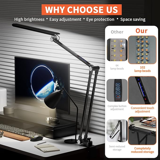 LED Desk Lamp,Dimmable 10 Color Modes 2700K-7000K & 10 Brightness,Swing Arm Table Light with Clamp,Eye-Caring Clip-on Lamps with Memory Function for Reading Work Study 700LM-Black… - LeafyLoom