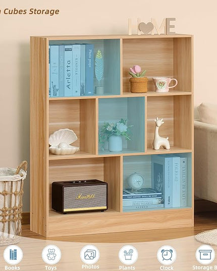 LEYAOYAO 7 Cube Bookshelf with Base,3 Tier Mid-Century Modern Natural Bookcase,Standing Wide Bookshelves Storage Organizer Shelf,Rustic Wood Display Cabinet Book Shelves for Bedroom,Living Room,Office - LeafyLoom