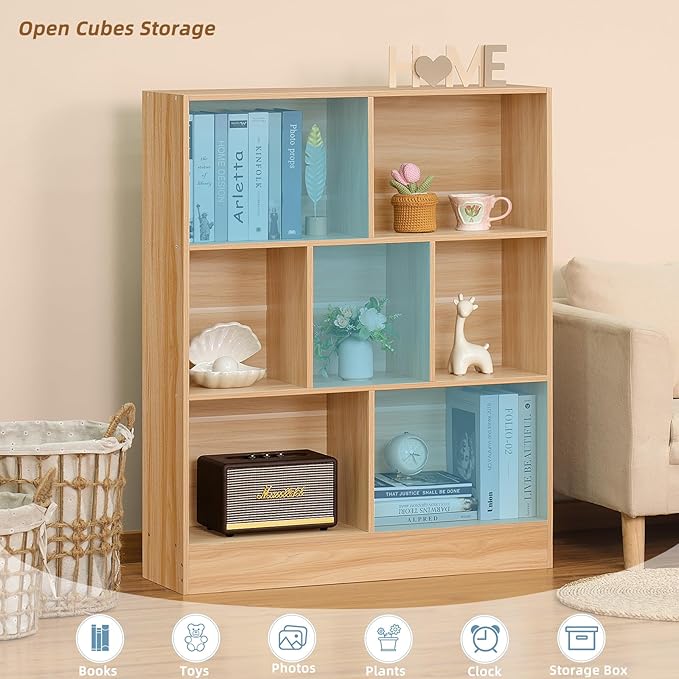 LEYAOYAO 7 Cube Bookshelf with Base,3 Tier Mid-Century Modern Natural Bookcase,Standing Wide Bookshelves Storage Organizer Shelf,Rustic Wood Display Cabinet Book Shelves for Bedroom,Living Room,Office - LeafyLoom