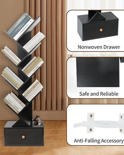 8-Tier Bookshelf Tree Bookshelf Book Tree with Drawer Wooden Bookshelves Storage Rack for CDs/Books, Shelves for Bedroom, Living Room & Office (Black) - LeafyLoom