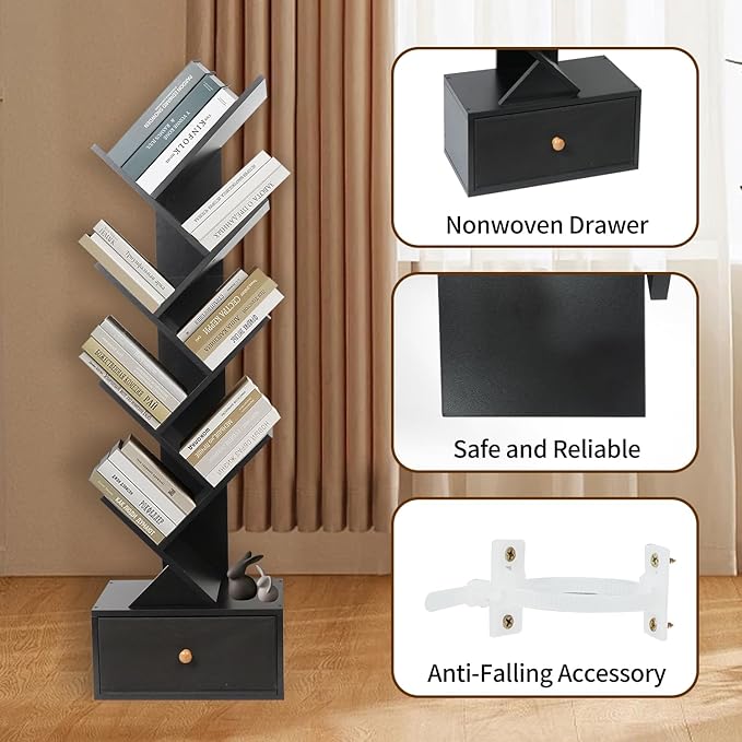 8-Tier Bookshelf Tree Bookshelf Book Tree with Drawer Wooden Bookshelves Storage Rack for CDs/Books, Shelves for Bedroom, Living Room & Office (Black) - LeafyLoom