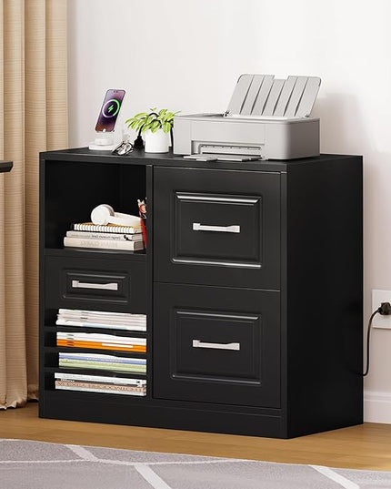 YITAHOME 3 Drawer File Cabinet, Filing Cabinet with Charging Station, Printer Stand with Open Storage Shelves, Fits for A4, Letter, Legal Size Files, Black - LeafyLoom