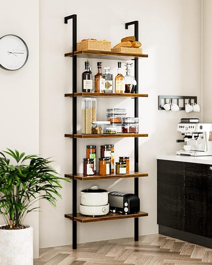 NUMENN 5 Tier Book Shelf, Industrial Ladder Shelf, Open Space Wall Mount Bookshelf with Metal Frame, Sturdy Book Shelves, Bookcase for Living Room, Home Office Shelf, Vintage Brown - LeafyLoom