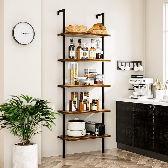 NUMENN 5 Tier Book Shelf, Industrial Ladder Shelf, Open Space Wall Mount Bookshelf with Metal Frame, Sturdy Book Shelves, Bookcase for Living Room, Home Office Shelf, Vintage Brown - LeafyLoom