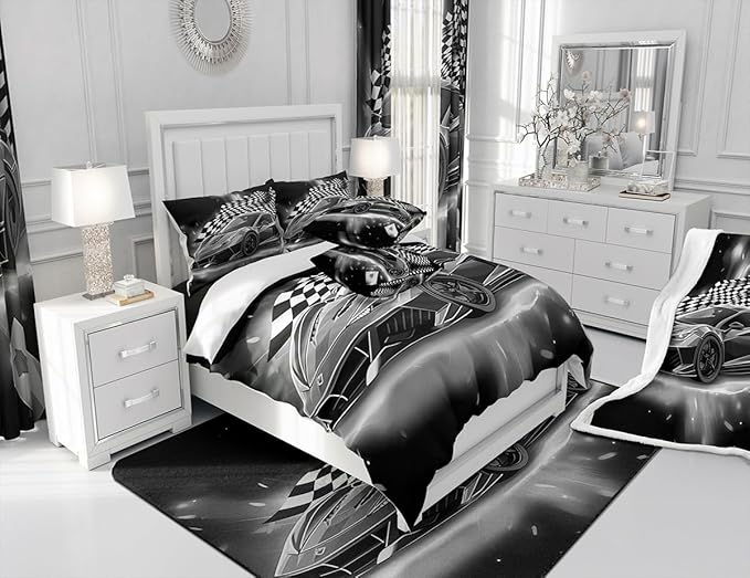 Feelyou Racing Car Comforter Set, Cool Speed Race Car Down Comforter King for Kids Boys Girls Teens Bedroom, Automobile Extreme Sport Bedding Set Plaid Checkered Duvet Sets with 2 Pillowcases,Grey - LeafyLoom
