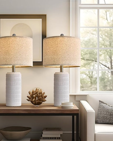 PoKat 23" Table Lamp, Farmhouse Bedside Lamps for Bedroom Set of 2, Ceramic End Table Lamps for Living Room, Traditional Nightstand Desk Lamps, Frosted White Lamps, Medium - LeafyLoom