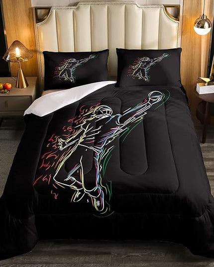 Erosebridal Boys Football Bedding Set King Size American Rugby Comforter Set for Kids Teen Men Bedroom Dorm Decor Sketch Football Athlete Comforter Ball Sports Quilt Duvet Insert 2 Pillow Cases Black - LeafyLoom