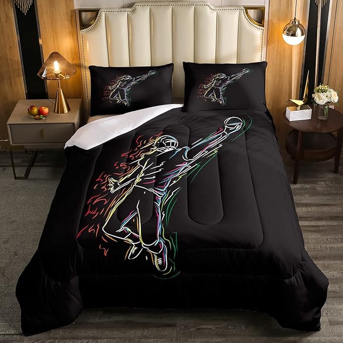 Erosebridal Boys Football Bedding Set King Size American Rugby Comforter Set for Kids Teen Men Bedroom Dorm Decor Sketch Football Athlete Comforter Ball Sports Quilt Duvet Insert 2 Pillow Cases Black - LeafyLoom