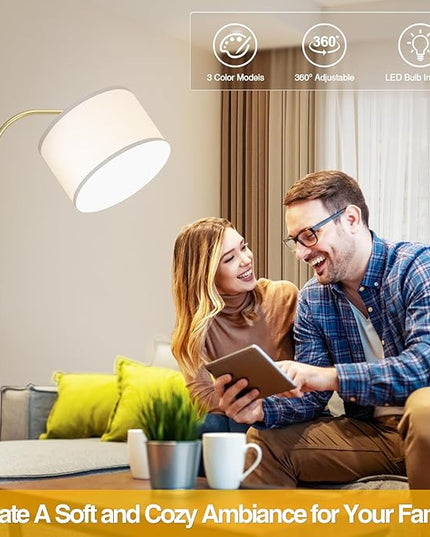 Arc Floor Lamps for Living Room with 3 Color Temperatures, Modern Floor Lamp Reading Light with 9W Bulb Included, Standing Lamp with Adjustable White Hanging ‎Lampshade for Bedroom Office(Gold) - LeafyLoom