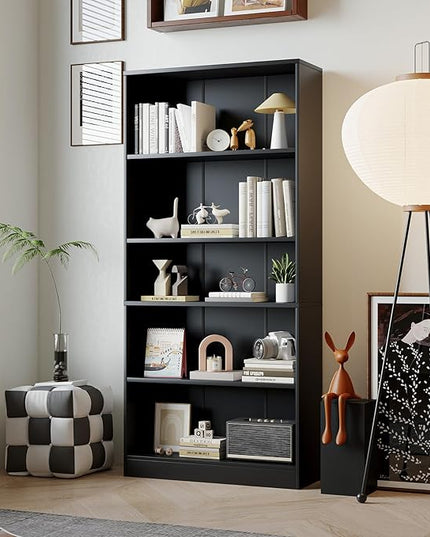 5-Tier Bookshelf, Wood Display Storage Shelves 67.3" Tall Bookcase Open Bookshelf for Home Office, Living Room and Bedroom, Black - LeafyLoom