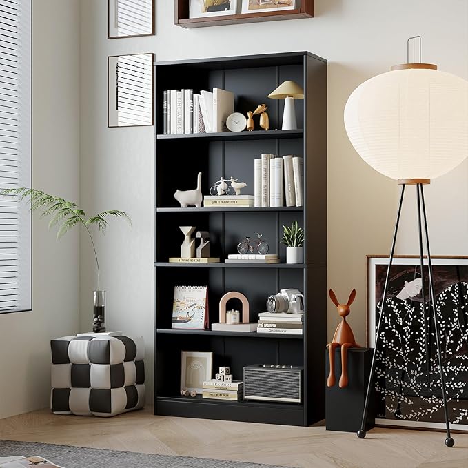 5-Tier Bookshelf, Wood Display Storage Shelves 67.3" Tall Bookcase Open Bookshelf for Home Office, Living Room and Bedroom, Black - LeafyLoom