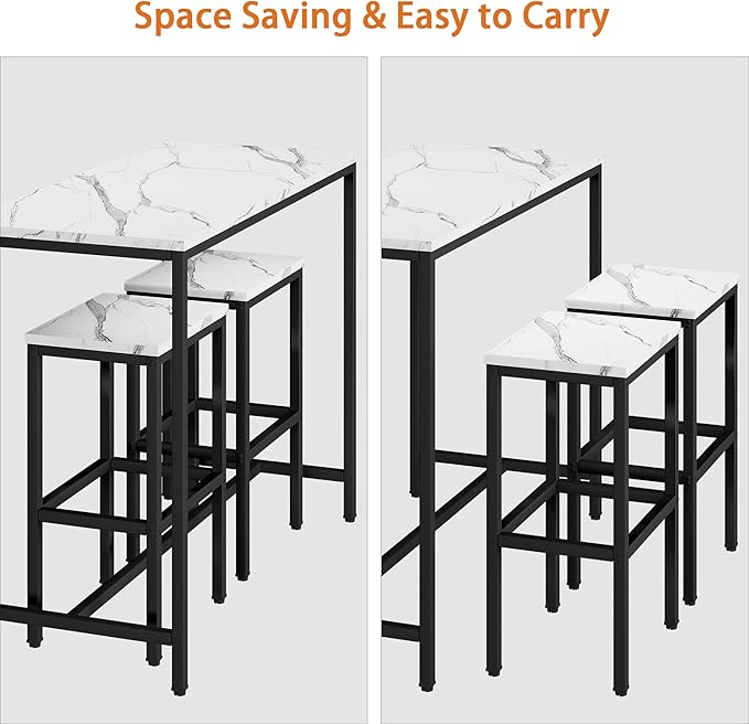 Yongchuang 3 Piece Bar Table Set, Bar Table and Chairs Set of 2, Modern Counter Height Table with 2 Stools for Kitchen, Dining Room, Living Room Breakfast Table White Faux Marble Wood Top - LeafyLoom