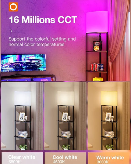 addlon Smart 5-Tier Shelf Floor Lamp with RGB Bulb and White Lamp Shade - Corner Display Floor Lamps with Shelves for Living Room, Bedroom and Office - Black - LeafyLoom