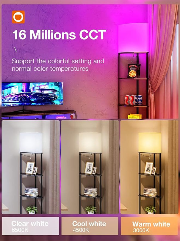 addlon Smart 5-Tier Shelf Floor Lamp with RGB Bulb and White Lamp Shade - Corner Display Floor Lamps with Shelves for Living Room, Bedroom and Office - Black - LeafyLoom