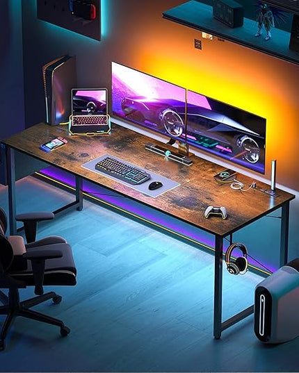 AODK 63 inch Small Computer Desk with Power Outlet for Small Spaces Home Office Student Laptop PC Writing Desks with Storage Bag Headphone Hook, Vintage - LeafyLoom