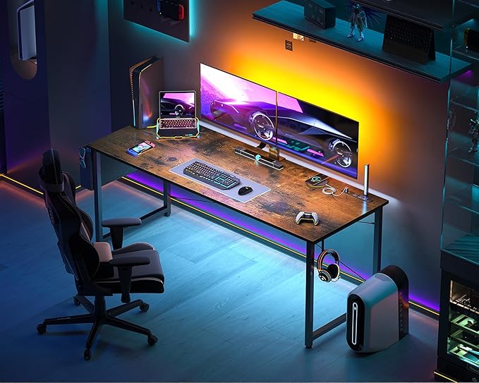 AODK 63 inch Small Computer Desk with Power Outlet for Small Spaces Home Office Student Laptop PC Writing Desks with Storage Bag Headphone Hook, Vintage - LeafyLoom