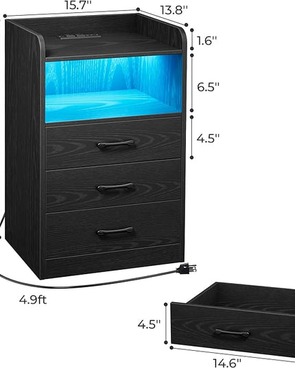 SUPERJARE File Cabinet with Charging Station and LED Light Strips, Drawers, End Table with USB Ports and Outlets, Black - LeafyLoom