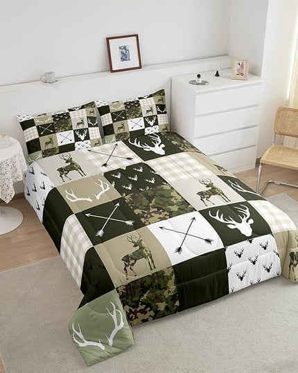 Antler Silhouette Kids Comforter Set Queen Size,Camo Green Rustic Bedding Set,Girls Boys Adults Bedroom/Xmas Decor,Geometric Plaid Patchwork Down Comforter,Arrows Boho Duvet Insert,3pcs,2 Pillowcases - LeafyLoom