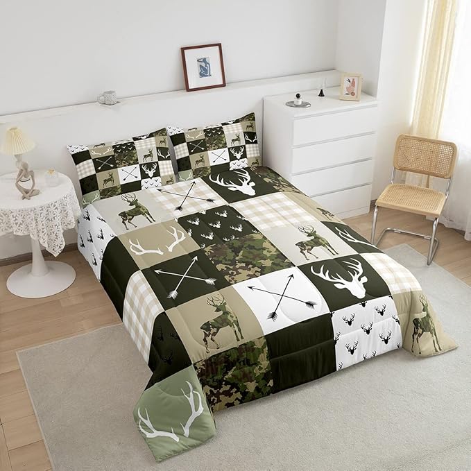 Antler Silhouette Kids Comforter Set Queen Size,Camo Green Rustic Bedding Set,Girls Boys Adults Bedroom/Xmas Decor,Geometric Plaid Patchwork Down Comforter,Arrows Boho Duvet Insert,3pcs,2 Pillowcases - LeafyLoom