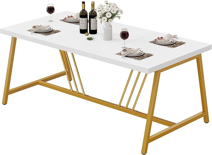 YITAHOME 70.9 Inch Large White Dining Table for 6-8 People, Modern Farmhouse Kitchen Dinner Table with Gold Geometric Metal Legs, Rectangular Wood Dining Room Dinette Table for Kitchen, Living Room - LeafyLoom