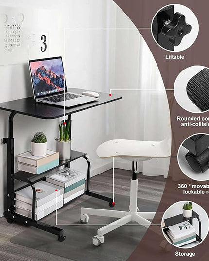 Home Office Rolling Desk Small Spaces Sofa Bedroom Bedside Adjustable Table Student Computer Wall Desk Portable Learn Play Game Desk on Wheels Movable with Storage Size 31.5 * 15.7 Inch Black C - LeafyLoom