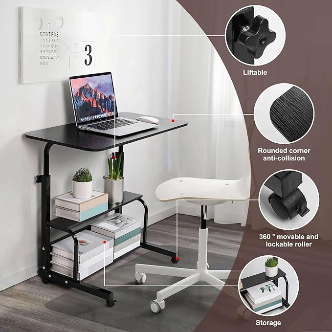 Home Office Rolling Desk Small Spaces Sofa Bedroom Bedside Adjustable Table Student Computer Wall Desk Portable Learn Play Game Desk on Wheels Movable with Storage Size 31.5 * 15.7 Inch Black C - LeafyLoom