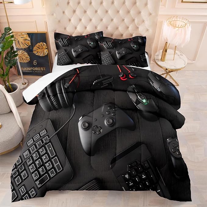 boys Gamer Comforter Set King Size,Gaming Comforter Set for Boys Kids Teens,Gamer Bedding Sets,3D Gaming Microfiber Quilts Gaming Room Decor All Season,Black - LeafyLoom