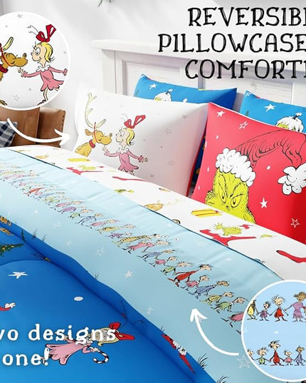 Franco Grinch by Dr. Seuss Holiday & Christmas Bedding Super Soft Comforter and Sheet Set with Sham, 7 Piece King Size (Official Dr. Seuss Product) - LeafyLoom