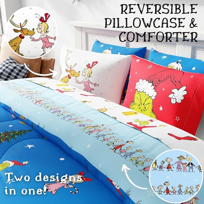 Franco Grinch by Dr. Seuss Holiday & Christmas Bedding Super Soft Comforter and Sheet Set with Sham, 7 Piece King Size (Official Dr. Seuss Product) - LeafyLoom