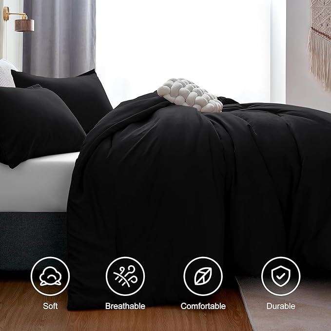 CozyLux California King Comforter Set Black, 3 Pieces Cal King Solid Breathable Boho Style Bedding Sets, Cozy Luxury Fluffy Soft Microfiber Quilt Comforter for All Season(1 Comforter & 2 Pillowcases) - LeafyLoom
