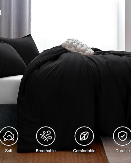 CozyLux Black Comforter Set Queen Size, 3 Pieces Solid Breathable Quilted Style Bedding Sets, Luxury Fluffy Soft Microfiber Comforter for All Season(1 Comforter & 2 Pillowcases) - LeafyLoom