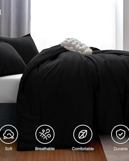 CozyLux Black Comforter Set King Size, 3 Pieces Solid Breathable Quilted Style Bedding Sets, Luxury Fluffy Soft Microfiber Comforter for All Season(1 Comforter & 2 Pillowcases) - LeafyLoom