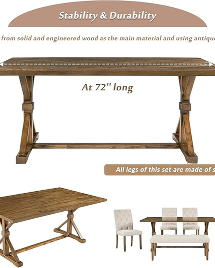 RITSU 6-Piece Retro Wood Dinette Sets Rectangular Kitchen Dining Table, 4 Upholstered Chairs & Bench, for Diningroom Living Room, Easy to Assemble, Walnut - LeafyLoom