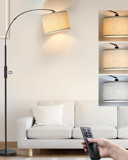 Arc Floor Lamps with Remote Control and Stepless Dimmable Color Temperature and Brightness Standing Lamp with Adjustable Beige Hanging Shade Pole Lamp for Bedroom Office, 9W Bulb Included, Black - LeafyLoom