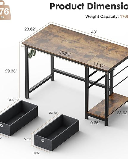 Sweetcrispy Computer Desk with Drawers 48 Inch Office Writing Work Kids Study 2-Tier Wood Corner Table with Storage Drawers Shelf for Bedroom Home Office - Rustic Brown - LeafyLoom