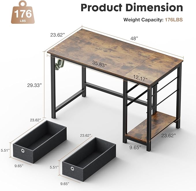 Sweetcrispy Computer Desk with Drawers 48 Inch Office Writing Work Kids Study 2-Tier Wood Corner Table with Storage Drawers Shelf for Bedroom Home Office - Rustic Brown - LeafyLoom
