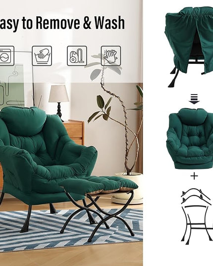 Lazy Chair with Ottoman, Modern Chair with Folding Footrest, Lounge Accent Chair, Comfortable Reading Chair (Peach Dark Green) - LeafyLoom