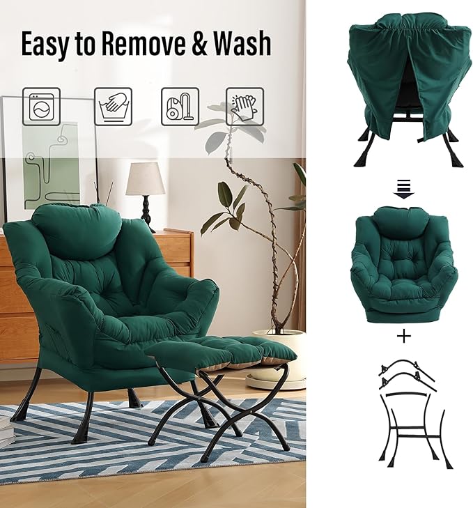 Lazy Chair with Ottoman, Modern Chair with Folding Footrest, Lounge Accent Chair, Comfortable Reading Chair (Peach Dark Green) - LeafyLoom