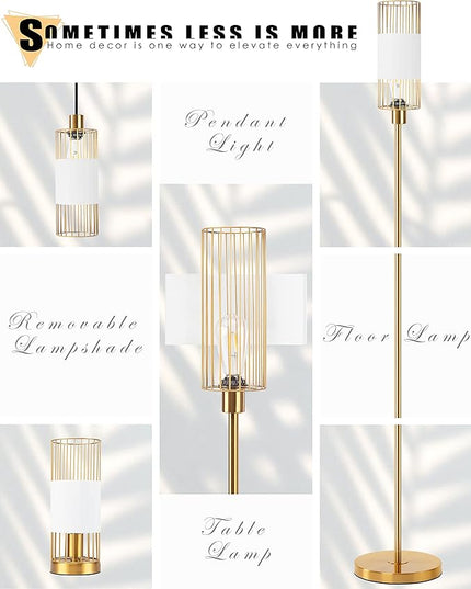 Floor Lamp with Metal Cage Shade & 6W LED Bulb - Indoor Brass Pole Light to Match Living Room or Bedroom in Farmhouse, Vintage, or Rustic Style - Standing, Tall Lighting - Gold - LeafyLoom