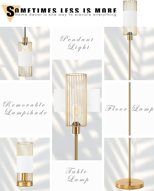 Floor Lamp with Metal Cage Shade & 6W LED Bulb - Indoor Brass Pole Light to Match Living Room or Bedroom in Farmhouse, Vintage, or Rustic Style - Standing, Tall Lighting - Gold - LeafyLoom