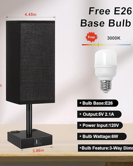 Touch Bedside Table Lamp For Nightstand - 3-Way Dimmable Night Lamp with USB A + Type C Charging Ports and two AC Outlets, Small Desk Light with E26 LED Bulb for Bedroom Living Room Dorm Office,BLACK - LeafyLoom