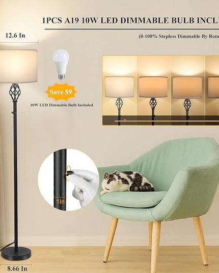 Floor Lamps for Living Room, Standing Lamp, Stepless Dimmable Floor Lamp with White Linen Shade, Rotary Switch, 2700K 10W Bulb Included, Modern Floor Lamp for Bedroom, Reading Tall Lamp for Office - LeafyLoom