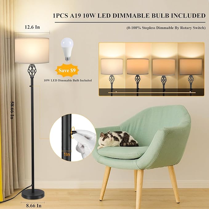 Floor Lamps for Living Room, Standing Lamp, Stepless Dimmable Floor Lamp with White Linen Shade, Rotary Switch, 2700K 10W Bulb Included, Modern Floor Lamp for Bedroom, Reading Tall Lamp for Office - LeafyLoom